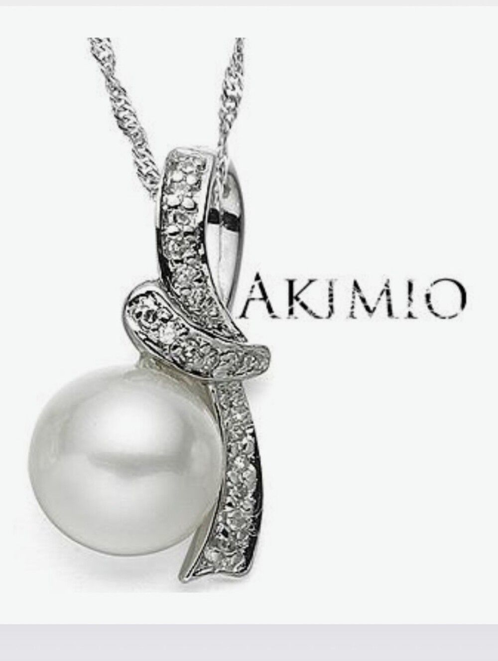 Akimio Women's Platinum Over Solid Sterling Slvr Diamonds And Pearl Necklace